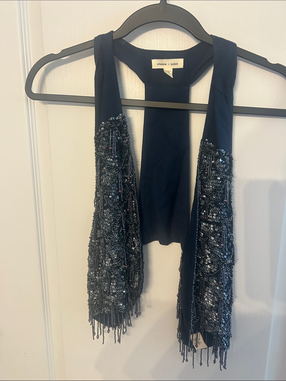 silence + noise navy beaded fringe vest